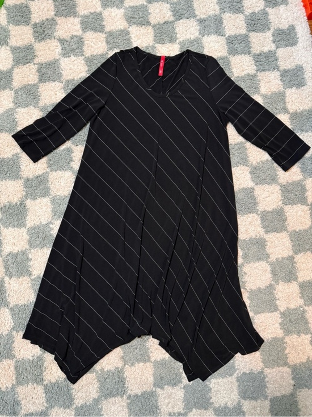 IC by Connie K Black Pinstripe A-Line Handkerchief Shark Bite Hem Dress Medium
